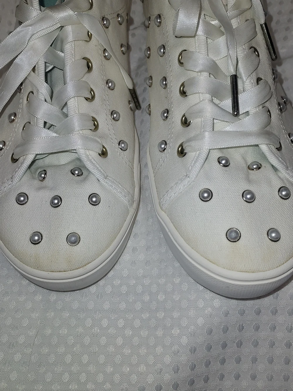 kate spade White Satin Lace-Up Sneakers with Silver Studs
